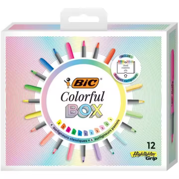 BIC My Colorful Box con subrayadores BIC Highlighter Grip con Punta Biselada Modular - Colores Surtidos Fluorescentes (6Pastel y 6Intensos), Caja de 12 Unidades - 1
