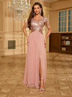 Vestido De Talla Alta Con Borlas Y Abertura Alta Glitter V-Neck De Tela De Chiffón Rosa Con Parches De Lentejuelas Para Mujer - details 3