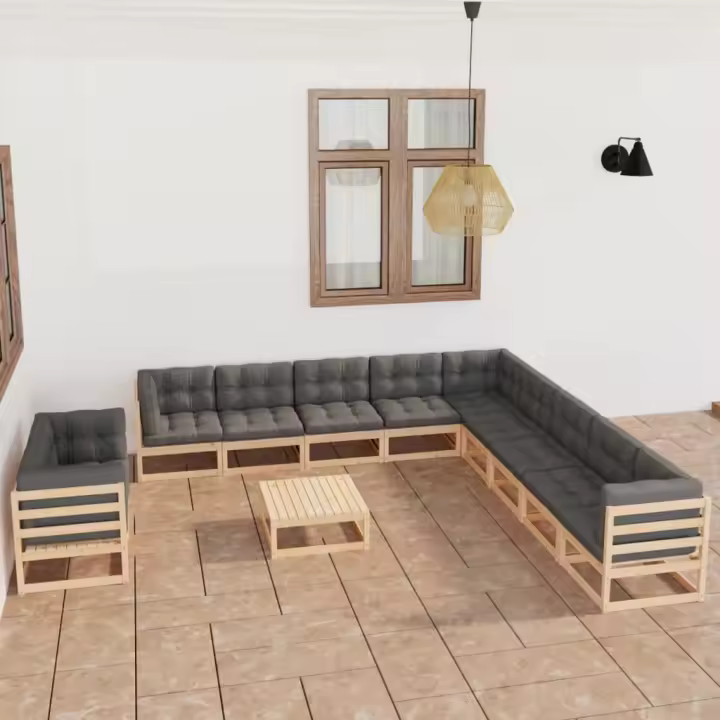 vidaXL Juego de muebles de jardín 12 pzas y cojines madera maciza pino - 1