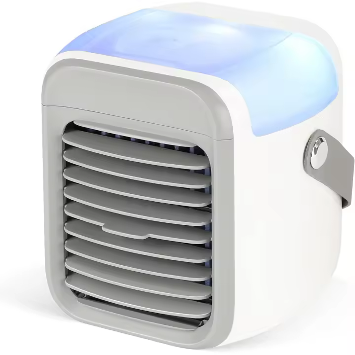 Aire Acondicionado Portátil 4 en 1, Mini Enfriador de Aire con 3 Velocidades Ajustables, 7 Colores LED, Humidificador Recargable para Dormitorio, Oficina y Camping - 1