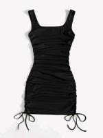 Vestido De Verano Con Tirantes Y Cinturón Ajustable Falda De Cintura Alta Estirada Y Plisada Estilo Casual Largo Mini Para Mujer - details 5