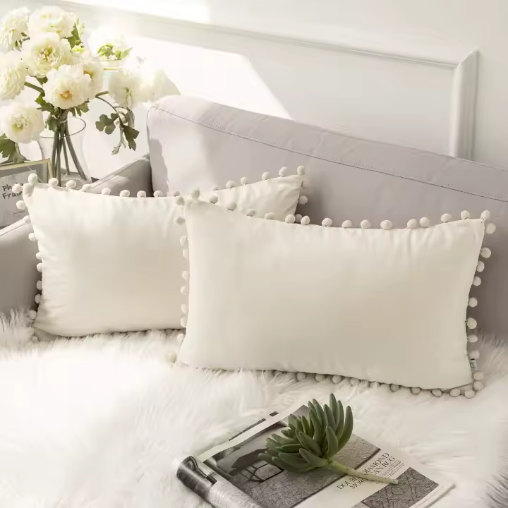 Verde-Ashler-Fundas de Algodón Decorativas - Pompones Suaves - 12x20 - Terciopelo - Paquete de 2 - Blanco Cream - 1