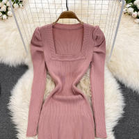 Vestido REALEFT De Mujer Otoño Invierno Con Cuello Cuadrado Manga Larga Y Acolchado De Puff Trasero Lateral Split Midi Casual - details 18