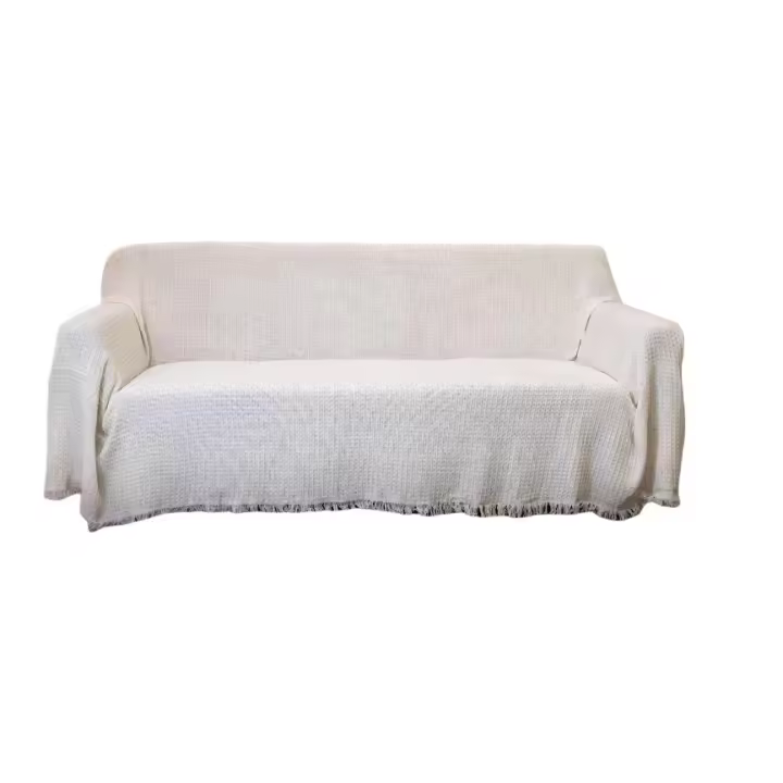 Colcha multiuso 85% algodón reciclado 15% poliéster diseño cuadritos beige. - 1