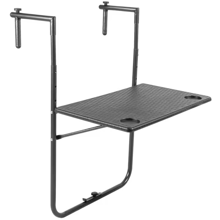 Mesa rectangular ajustable para balcón 60x36cm negra imitación trenzado de madera - PrimeMatik - 1