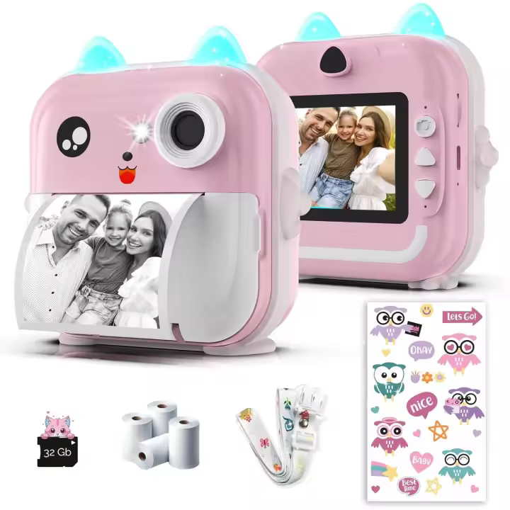 BIT Cámara de impresión instantánea para niños - 1080P HD, 48MP, Tarjeta 32G, Bluetooth, Free aplicación, 5 Rollos de papel de impresión, GIFT para niños y niños-Cámara Rosa para niños de 3 a 12 años - 1