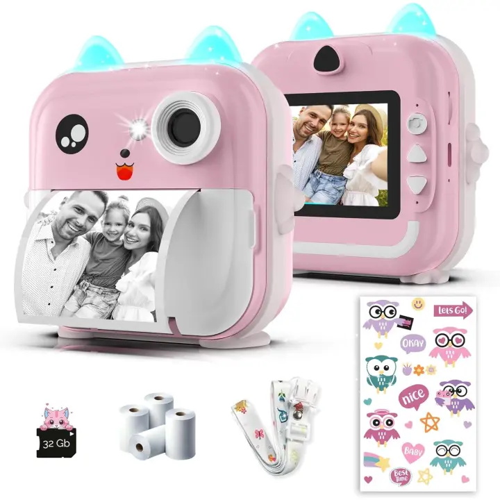 Cámara de impresión instantánea para niños - 1080P HD, 48MP, Tarjeta 32G, Bluetooth, Free aplicación, 5 Rollos de papel de impresión, GIFT para niños y niños-Cámara Rosa para niños de 3 a 12 años - 1