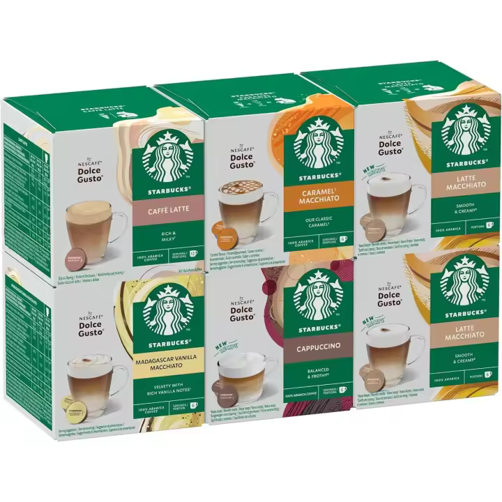 STARBUCKS Paquete Variado  de Nescafé Dolce Gusto  pack  Caffe Latte -  Macchiato Caramelo -Latte Macchiato - Macchaiato Vanilla -  Cappuccino - Cápsulas de Café 6 x 12 (72 Cápsulas) - 1