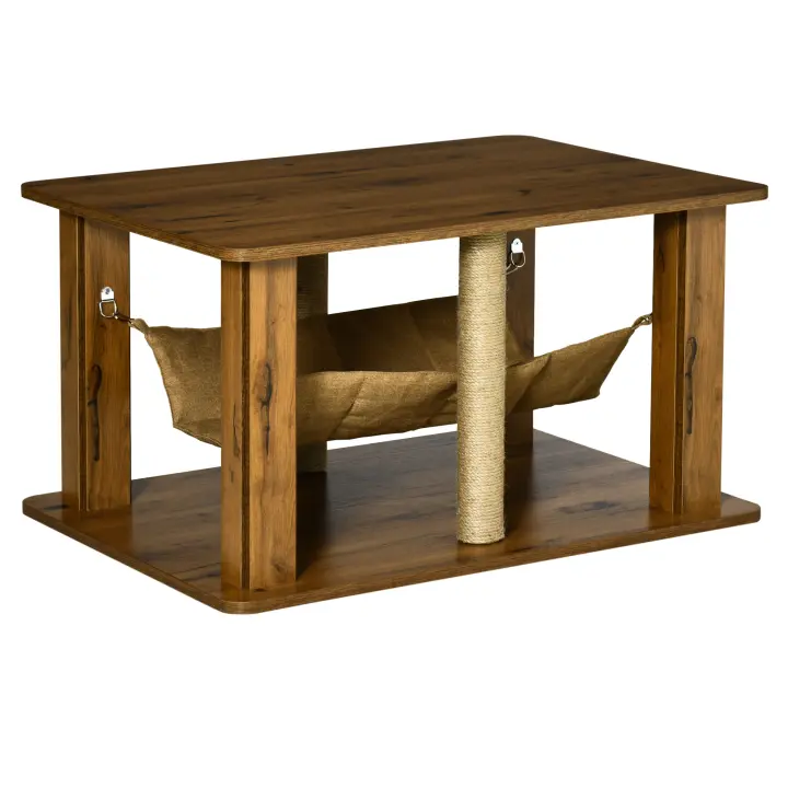 Pawhut Mesa de Centro Hamaca para Gatos con 2 Postes Rascadores de Yute y Estante Inferior de Almacenaje 79x59x45,5 cm Marrón - 1