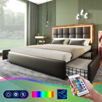 Cama Doble Tapizada 160x200 cm con Cabecera Ajustable + 4 Cajones + Tira LED RGB + Colchón Incluido-Diseño Functional PU Negro - details 2
