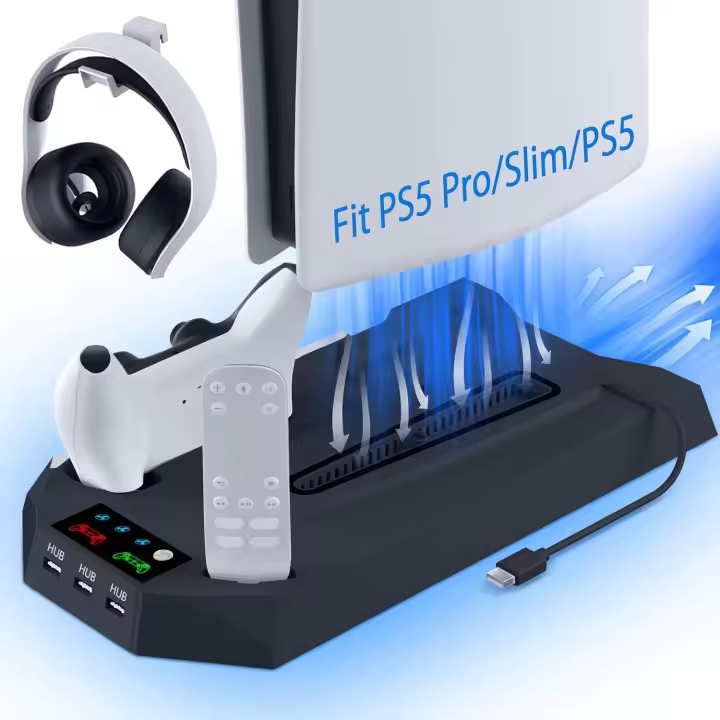 Soporte  para PS5 y PS5 Slim con cargador para mando de PS5, ventilador de 3 velocidades para PS5 y soporte RGB para PlayStation 5 - 1