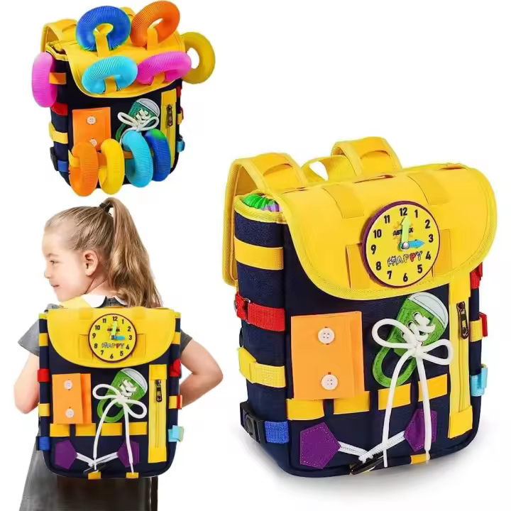 Mochila infantil Montessori con hebillas y cremalleras, juguetes sensoriales Montessori, actividades de aprendizaje a través del juego, se puede guardar y llevar en la espalda, mochila de juguetes de viaje - 1