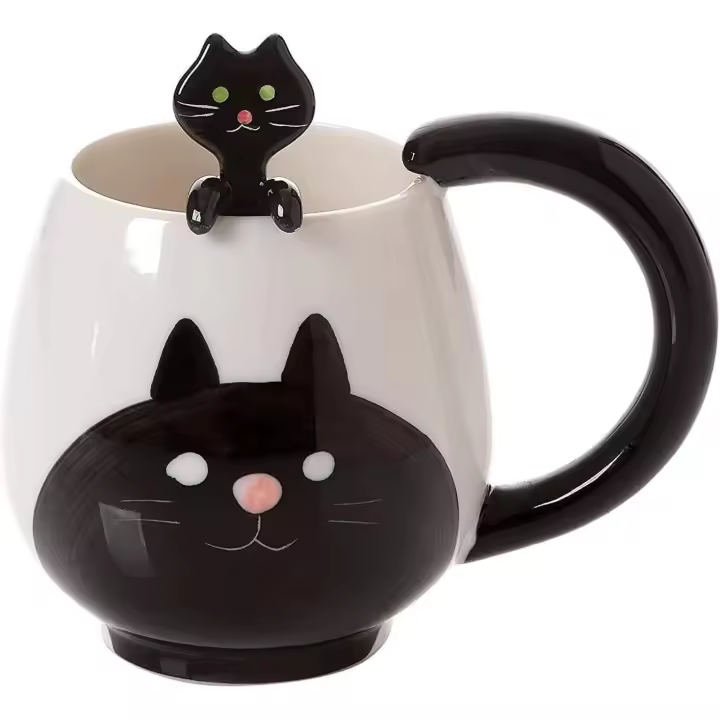 Taza de café de 14 oz con diseño de Gato Negro con Caña, Taza de Giano Divertida, Taza de Cerámica, para Mujeres Gift, hambres, cumpleaños, Navidad - 1