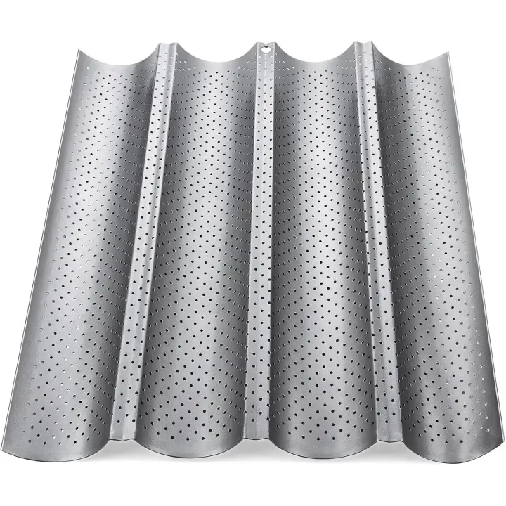 Baguette Baking Tray Perforated French Stick Loaf Baking Molds Pan for 4 Baguettes（Silver） - 1