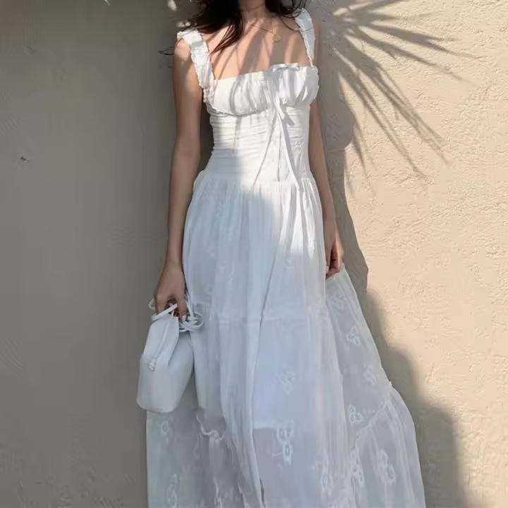 Vestido Largo Elegante De Mery Con Espalda Descubierta Y Aros En Malla Halter Sin Mangas Para Mujer Verano 2024 Sexy Y Club - 1