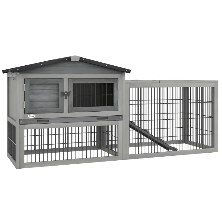 PawHut Conejera Exterior de Madera 150x52x68 cm Jaula para 1-2 Conejos Grande con Techo Asfáltico Abatible Bandeja Extraíble y Rampa Gris - 1