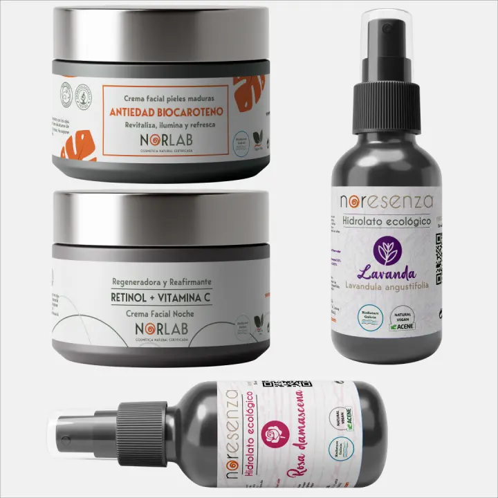 Rutina Antiedad Reafirmante Noresenza - Pack Natural Biocaroteno - Crema retinol vitc C - Tónico lavanda - Tónico rosa de damasco - 1