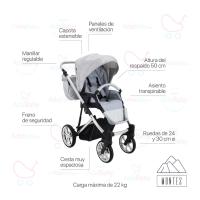 Carrito Montes Plata 2 piezas AdaBaby, Dos piezas: capazo y silleta, Bolso, cobertura de lluvia, mosquitera, botellero y cubrepiés, Silleta hasta 22kg, plegable con el chasis en ambos sentidos incluidos en el precio, Tejidos de ecopiel y capotas de brillo - details 1