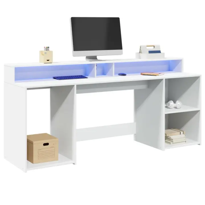 vidaXL Escritorio con luz LED madera ingeniería 200x55x91 cm en color Blanco/Marrón roble/artisian oak y más | estructura resistente ideal para salón dormitorio o estudio - 1
