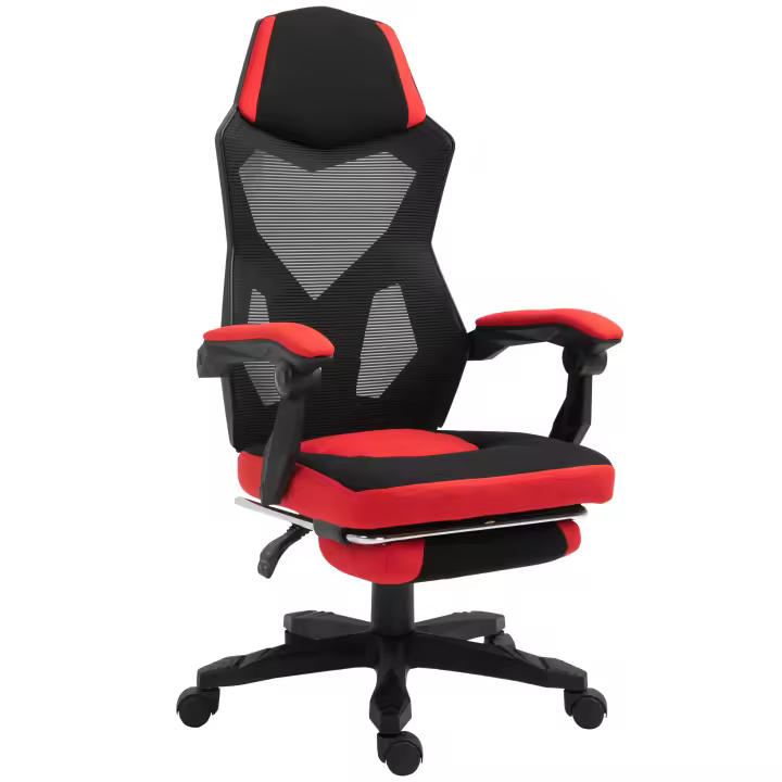 Vinsetto Silla de Oficina Ergonómica Silla de Escritorio Ajustable en Altura Giratoria 360° Reclinable hasta 135 Grados con Reposabrazos Reposapiés Retráctil 58x63x112-122 cm Rojo - 1