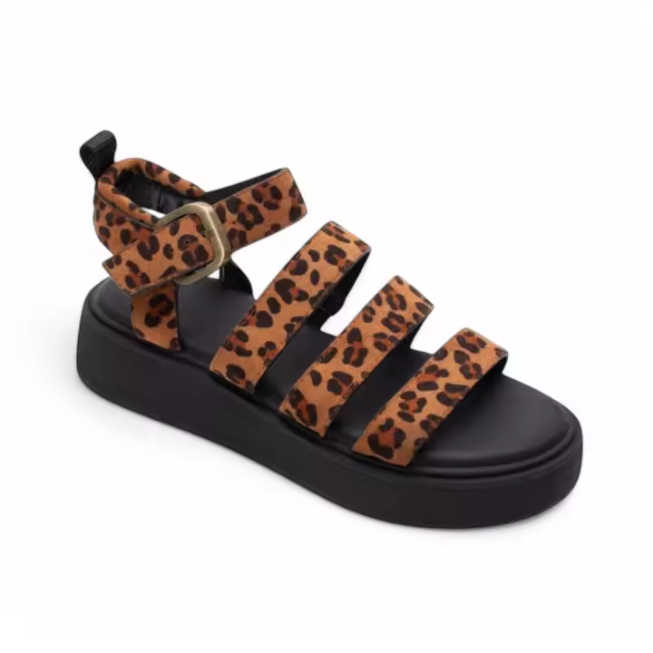 Sandalias plataforma negro leopardo tiras pulsera tobillera planta acolchada ajuste hebilla mujer tendencia 2025 altamoda - 1
