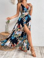 Vestido De Encaje Bohemio Con Estampado Tropical Cuello Bajo Espalda Descubierta Cintura Ajustada Midi Para Mujer - details 4