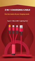 Cable De Carga Rápida 3 En 1 2.4A Braided One Drag Three USB-A Para Apple Android Type-C/USB-C Negro Plata Rojo Azul Dorado 1.2m - details 0