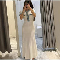 Vestido Maxi De Punto Elegante Para Mujer Con Cuello Redondo Y Manga Corta Botones Metálicos Ajustado Para Oficina Y Viajes - details 3