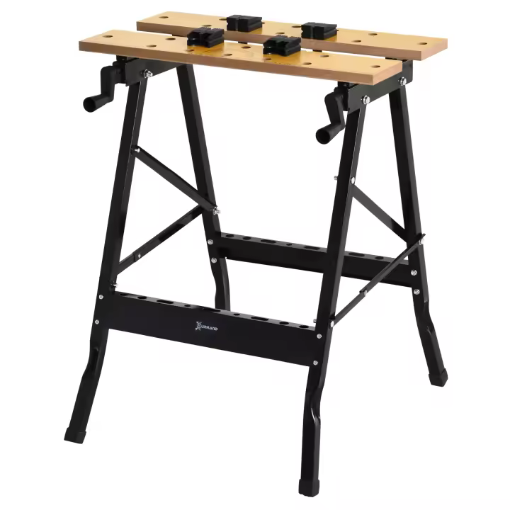 DURHAND Banco de Trabajo Plegable Mesa de Trabajo Portátil con 4 Abrazaderas Agujeros para Sierra Uso Doméstico Carpintería Hierro MDF Soporta 70 kg 56x62x75 cm Natural Negro - 1
