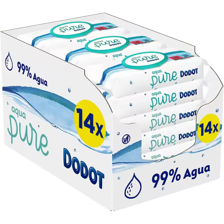 Dodot Toallitas Pure Aqua para Bebé, 672 Toallitas (2x7 Paquetes x 48), 99% Agua, 0% Plástico, Limpieza Suave y Delicada - 1
