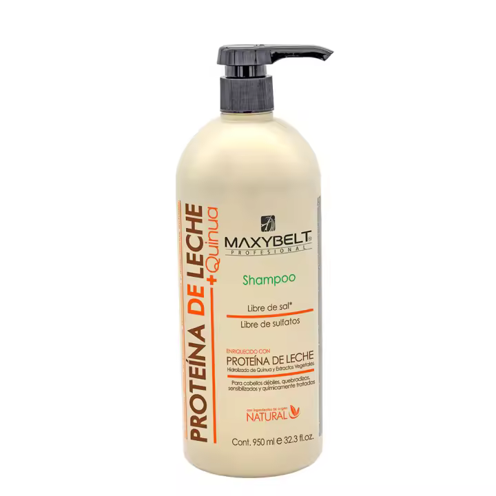 Maxybelt Profesional Champú de proteína de leche Hidrolizado de Quinoa y Extractos Vegetales 950ml - Para cabellos débiles, quebradizos y químicamente tratados. Ideal para cabellos rizados. Con ingredientes de origen natural, Libre de sales y de sulfatos - 1