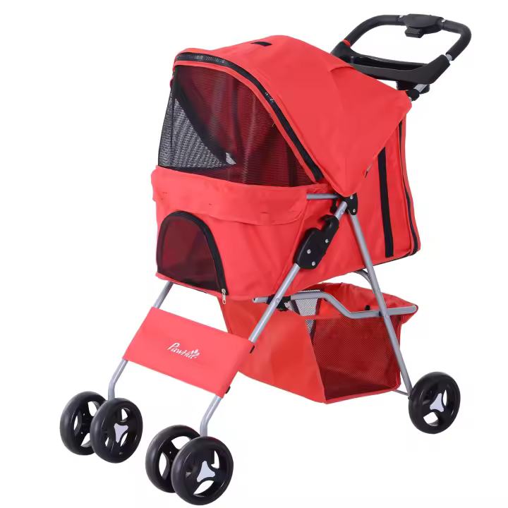 PawHut Cochecito para Mascotas Plegable Carrito para Perros con Toldo Ajustable Cesta de Almacenaje y Ruedas con Freno Tela Oxford Marco de Acero 75x46x94 cm - 1