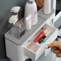 Porta Cepillos De Dientes Y Pasta De Dientes Doble Montado En La Pared Con Tazas Dispensador Automático Organizador De Baño - details 1