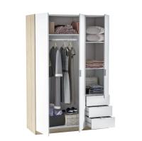Meimon Armario ropero de 3 puertas y 3 cajones con barra de colgar extraíble, estantes regulables en altura y tiradores lacados en blanco; fabricado en melamina TIPO E1 y MDF lacado, acabado en Roble Canadian y Blanco Artik - details 2