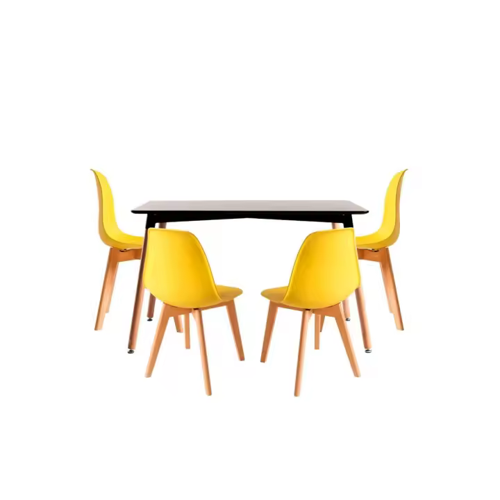 Conjunto Mesa Tower Rectangular 120 x 80 cm Negra y Pack 4 Sillas Kelen - Amarillo - 1