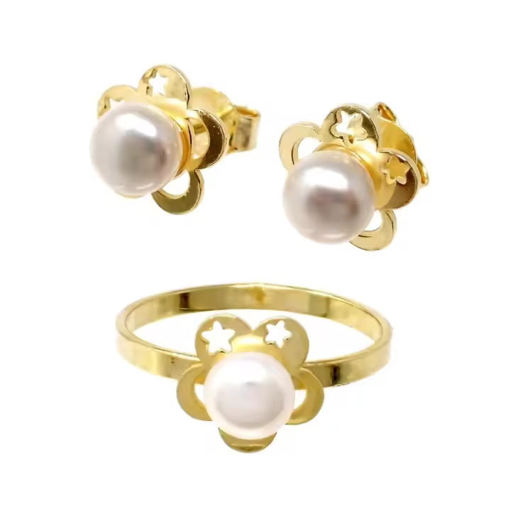 Inmaculada Romero - Juego Plata Ley 925m Chapado Oro Primera Comunión Sortija y Pendientes de Perla con Diseño de Flor - 1