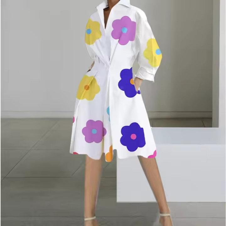 Vestido Casual De Mujer Primavera/Verano Versátil Color Sólido Cuello Volteado Botones Cintura Vestido Largo A-Line Estampado - 1
