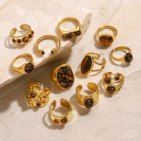 Encanto Anillos de piedra Natural ovalados de acero inoxidable con placa dorada, aro de dedo redondo geométrico para mujer, regalos de joyería Vintage simples y creativos - details 2