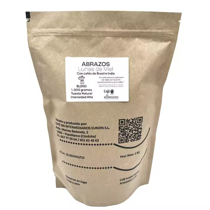 CAFE SIN INTERMEDIARIOS - Abrazos - Tostado Semanal - Envasado y molinado al envío - Intensidad de sabor media - Ideal para Capuchino - 1