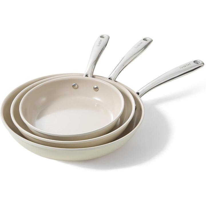 Redchef Set of 3 Non-Stick Ceramic Frying Pans for Induction, 20/24/28 cm, Suitable for All Types of Cooktops, PTFE-Free, PFAS-Free, PFOA-Free, Induction, Oven, and Dishwasher Safe (Beige)