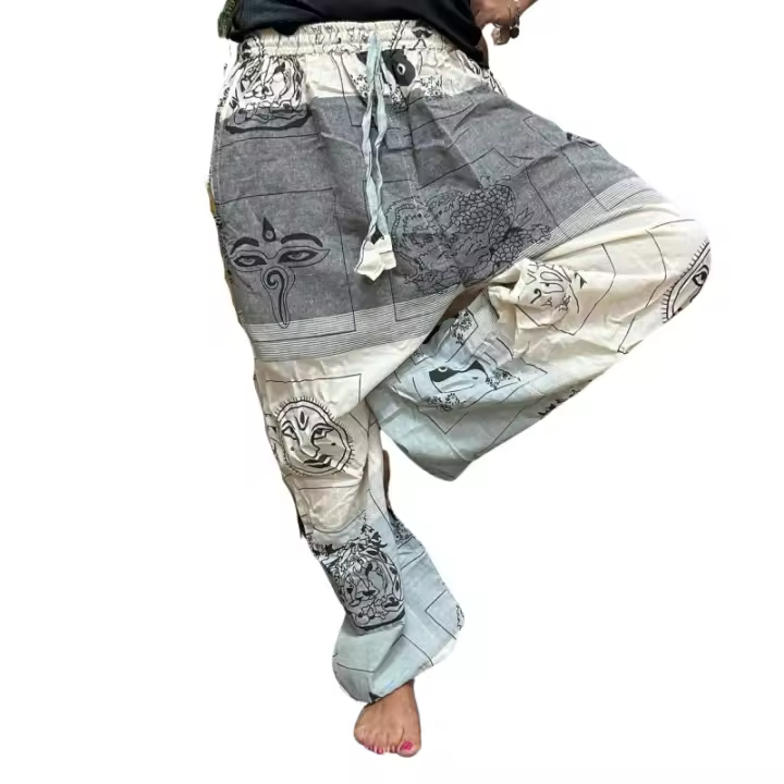 Pantalon Yoga y Festivales - Estampado Himalaya Cintura Alta - Gris- Unisex- Talla única - Hippie - 100% algodón - Hombre/mujer - 1