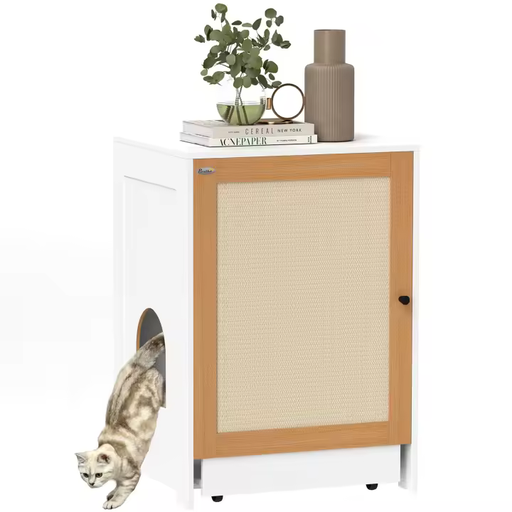 PawHut Arenero para Gatos Mueble Arenero para Gatos con Bandeja Extraíble Compartimentos Ruedas y Tapete para Rascar Caja de Arena para Gatos para Interior 57x50x80,5 cm Blanco y Roble - 1