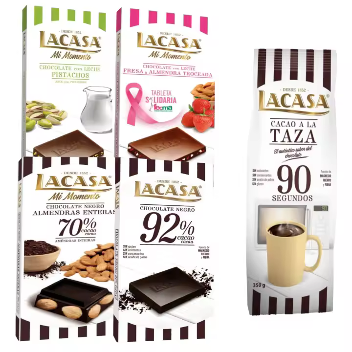 Lacasa pack de 5 tabletas de chocolate de diferentes sabores:taza 350g ,leche pistacho 90g, leche fresa y almendra,cacao 92% , almendra 200g - 1