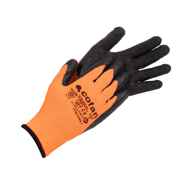 Cofan Guantes naranja flúor | Revestimiento de látex térmico | Protección mecánica y contra el frío | Pack de 12 pares de guantes o formato unitario | EN 388 – EN 511 | Talla 7, 8, 9, 10, 11| Alta elasticidad y agarre