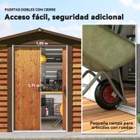Outsunny Caseta de Jardín Exterior 3 m² 235,7x152x208,7 cm Cobertizo de Jardín Exterior Metálica con 2 Puertas Corredizas y 4 Ventanas para Almacenamiento de Herramientas Efecto Madera Natural y Café - details 5