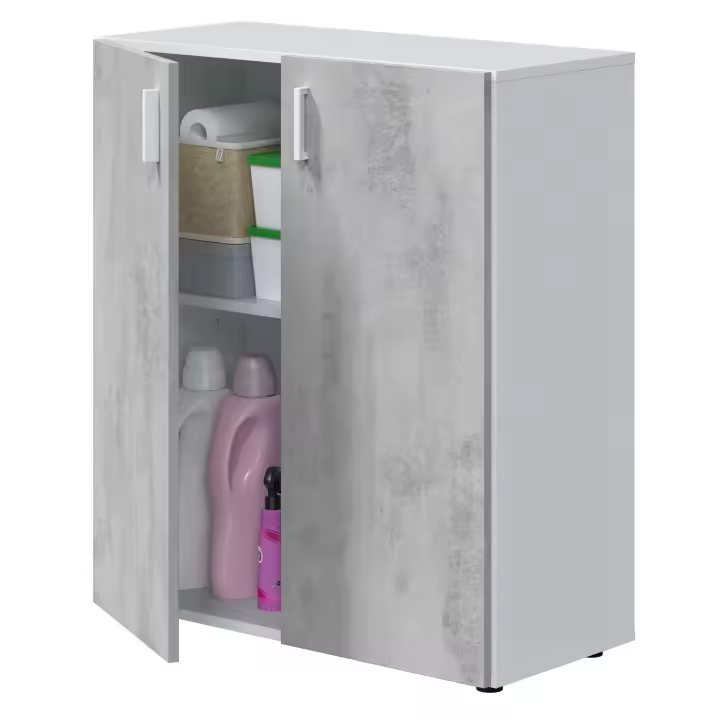 Miroytengo Armario multiusos bajo 2 puertas mueble auxiliar color blanco Artik y gris cemento 92x80x37 cm - 1