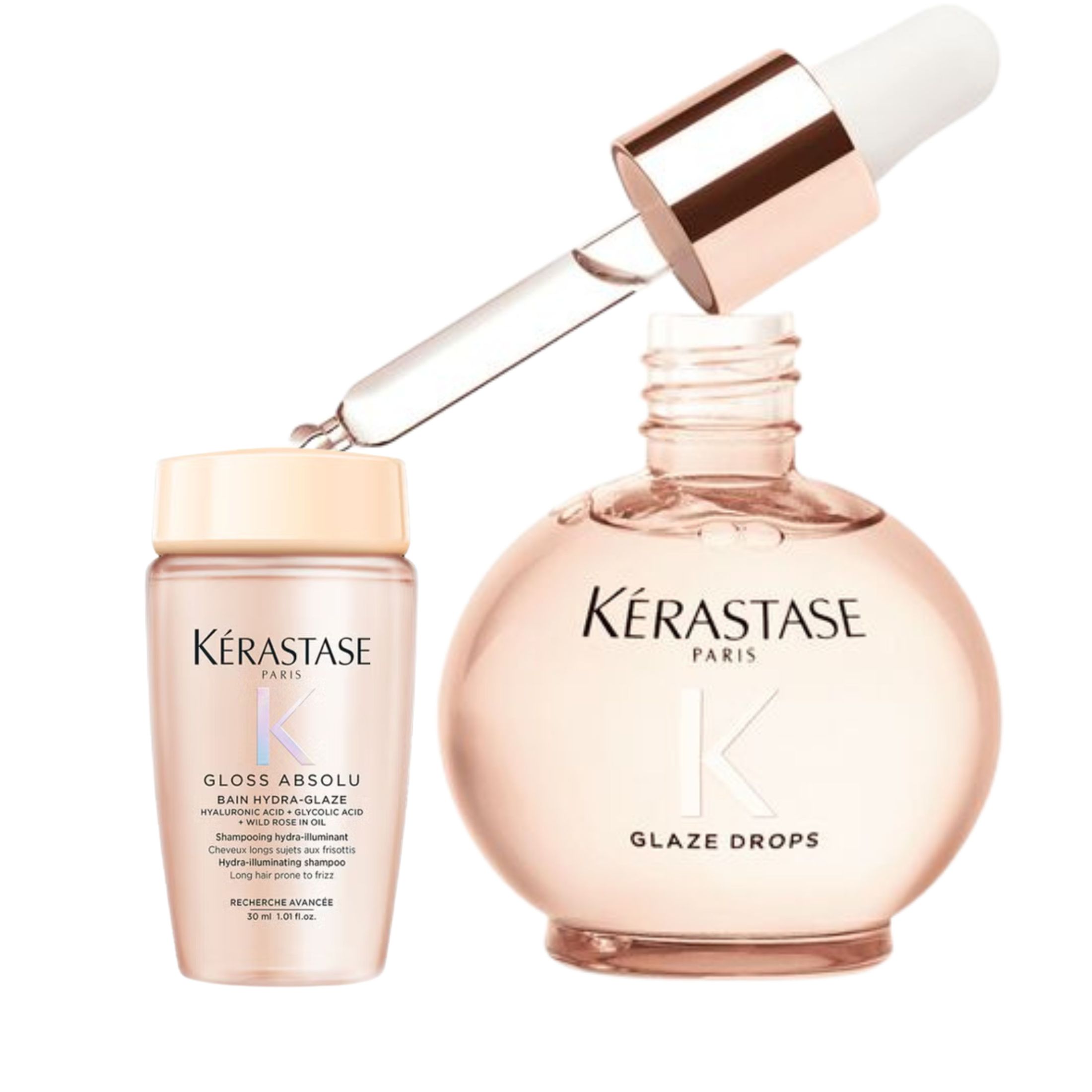 Pack Kérastase Gloss Absolu – Huile Glaze Drops 45ml + Bain Hydra-Glaze 80ml   – Cabello Largo y con Tendencia al Encrespamiento