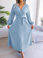 Vestido Largo Elegante Para Mujer Con Cuello En V Manga Larga Pleated Maxi Con Cinturón Estilo Casual De Pierna Larga - details 54