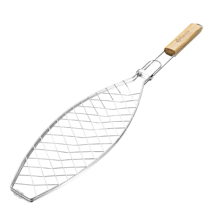 DESEOS Cesta para Parrilla de Pescado de Acero Inoxidable - 65CM Cesta para Barbacoa con Mango de Madera - Ideal para Asar Pescado, Verduras y Más de Cocina BBQ - 1