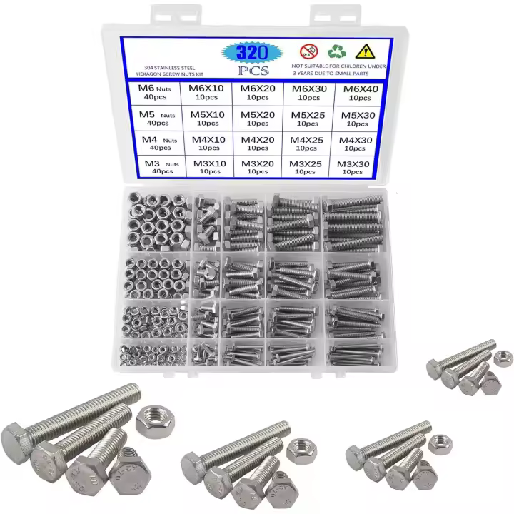 320 Uds M3 M4 M5 M6 tornillos de cabeza hexagonal pernos y tuercas perno de cabeza hexagonal de acero inoxidable 304 tornillo completamente roscado maquinaria pernos con cabeza hexagonal - 1